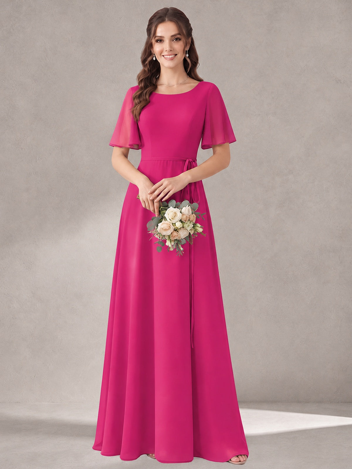 Scoop Neck A-line Chiffon Bridesmaid Dress with Flutter Sleeve & Belt