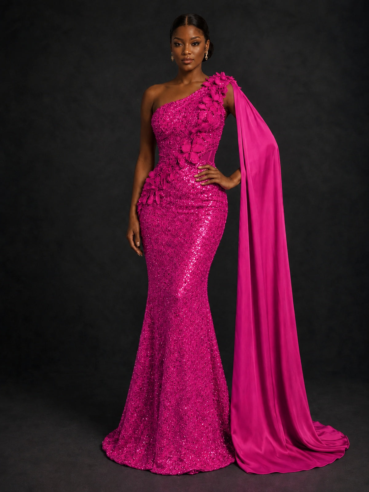 Gold Sequin One Shoulder Mermaid Prom Dress with Cape