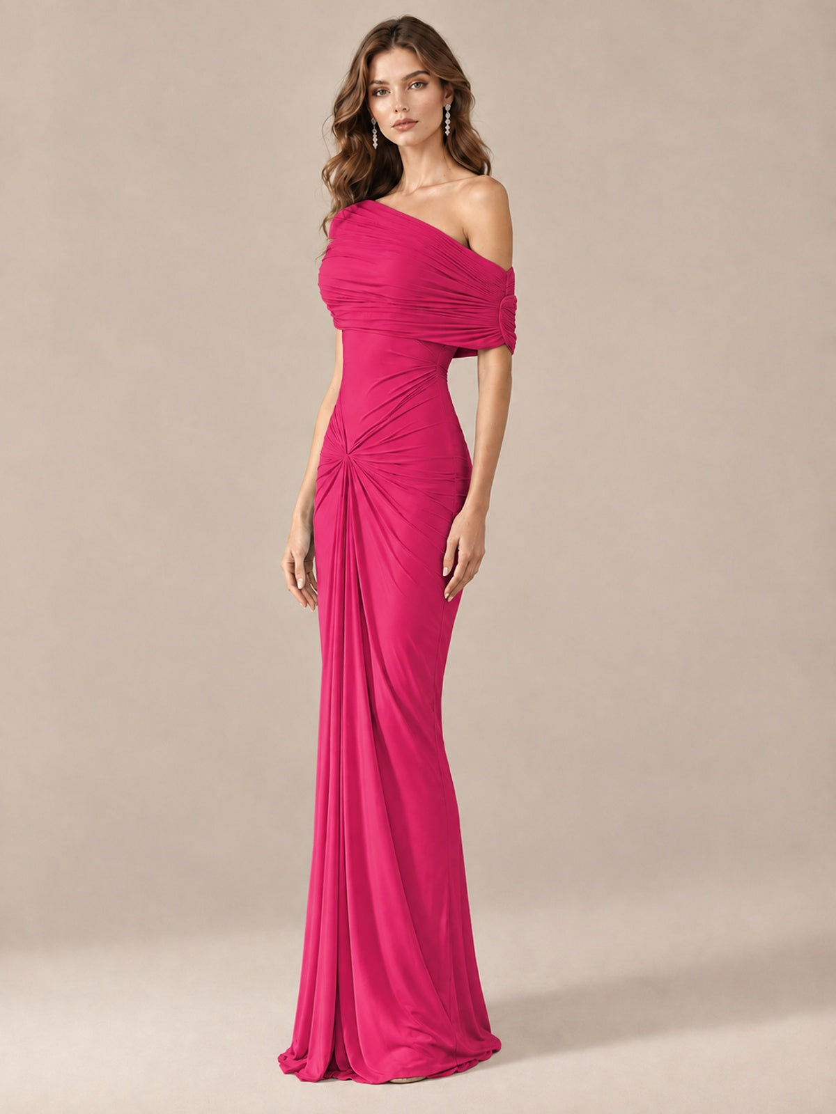 Elegant Draped Off Shoulder Ruched Mermaid Chiffon Formal Evening Gown