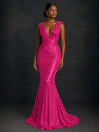 Gold Sequin Floral Applique Mermaid Prom Dress