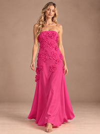 Yellow Strapless A-line Satin Maxi Dress with 3D Floral