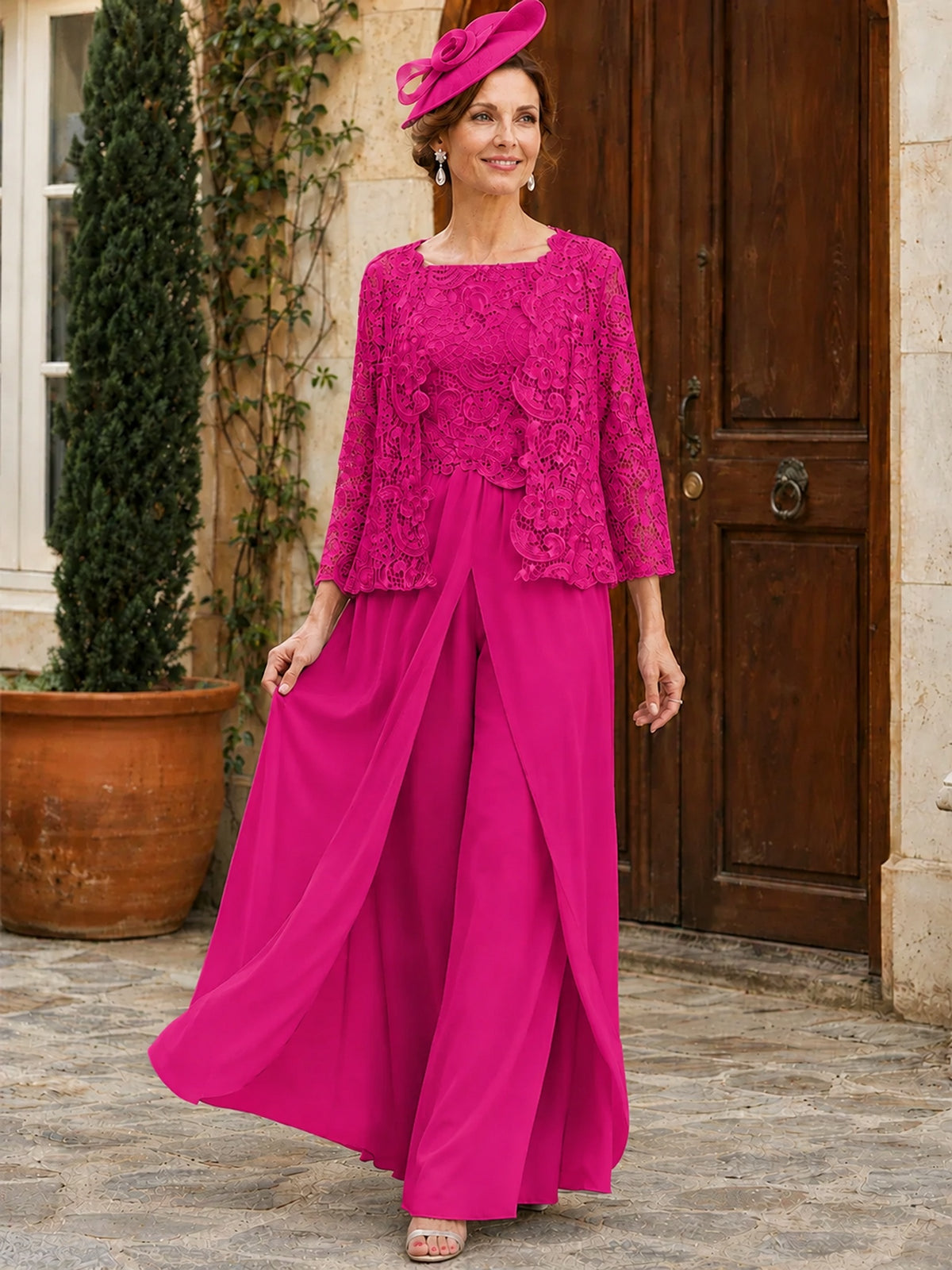 Elegant 3-Piece Chiffon Mother of the Bride Pantsuit with Floral Applique Jacket