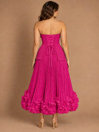 Navy Blue Strapless Pleated A-Line Midi Dress with 3D Floral Applique