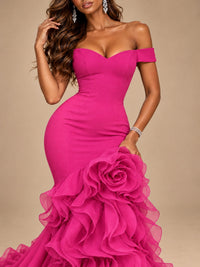 Dusty Blue Off-the-Shoulder Mermaid Prom Dress with 3D Rose & Ruffles