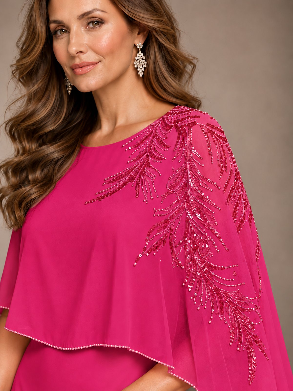 Elegant Chiffon Cape Sleeve Beaded Mother of the Bride Dress