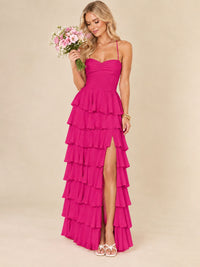 Ruffled Tiered Chiffon Prom Dress Spaghetti Straps Formal Maxi Dress with Slit