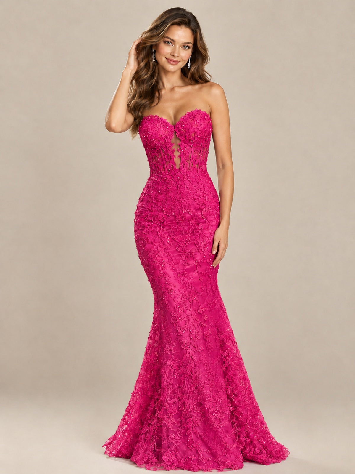 Strapless Corset Mermaid Prom Dress with Floral Lace Appliqué