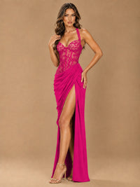 Sweetheart Halter Prom Dress Pleated Lace Floral Formal Dress with Slit