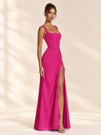 Square Neck Satin Sleeveless Ruched Prom Dress with High Slit