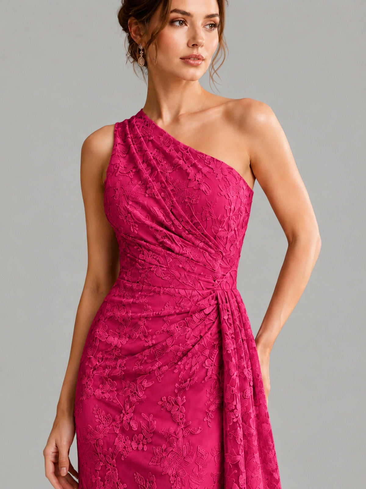 One-Shoulder Ruched Floral Lace Floor-Length Prom Dress