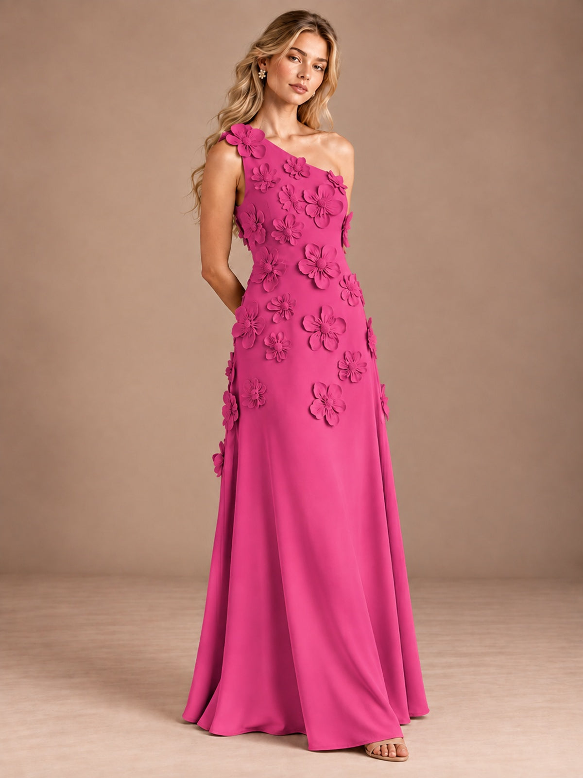 Sage Green One Shoulder Satin Formal Maxi Dress with 3D Floral