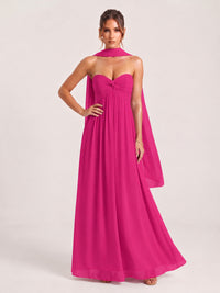 Strapless Ruched Chiffon Long Prom Dress with Scarf