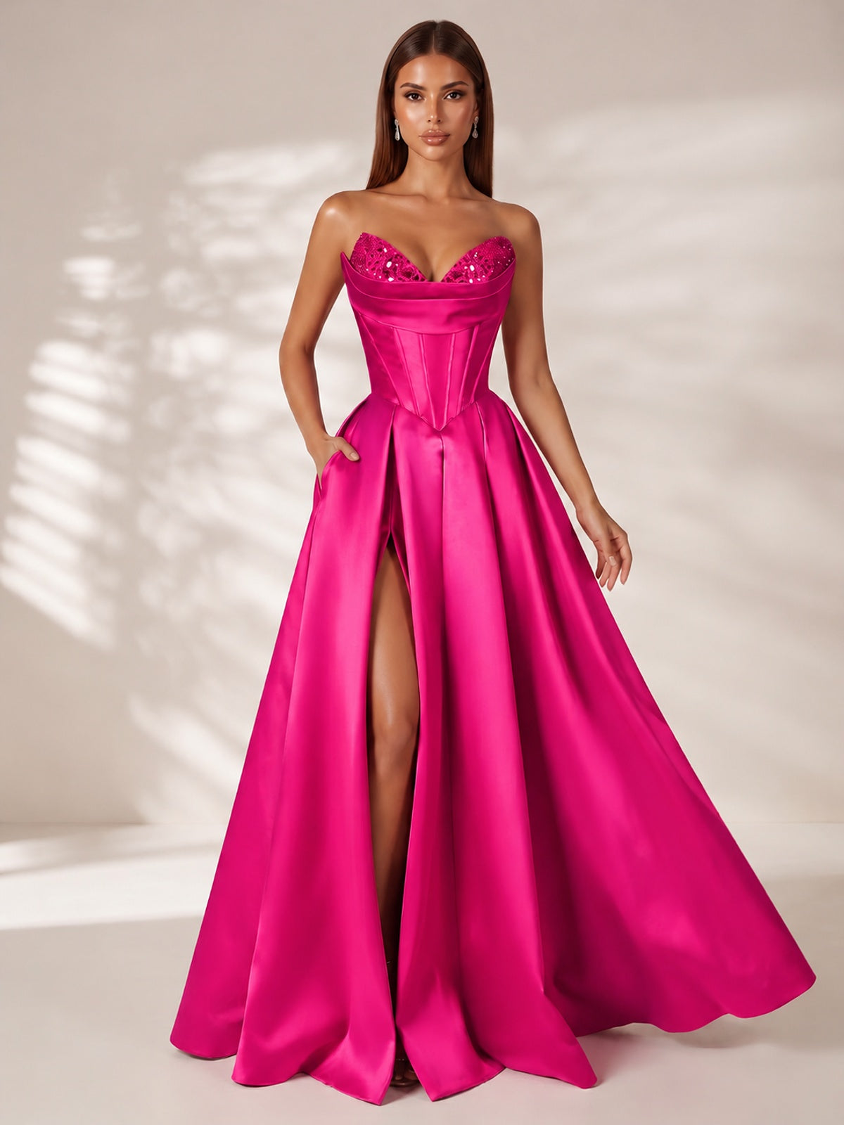 Strapless Corset Satin Prom Dress Long Evening Gown with High Slit