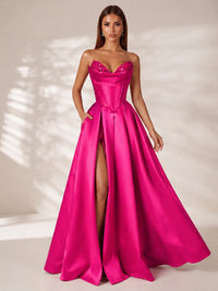 Strapless Corset Satin Prom Dress Long Evening Gown with High Slit