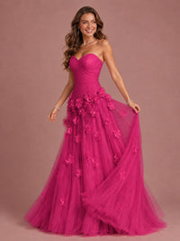 Blush Pink Strapless Sweetheart 3D Floral Tulle Ball Gown Prom Dres