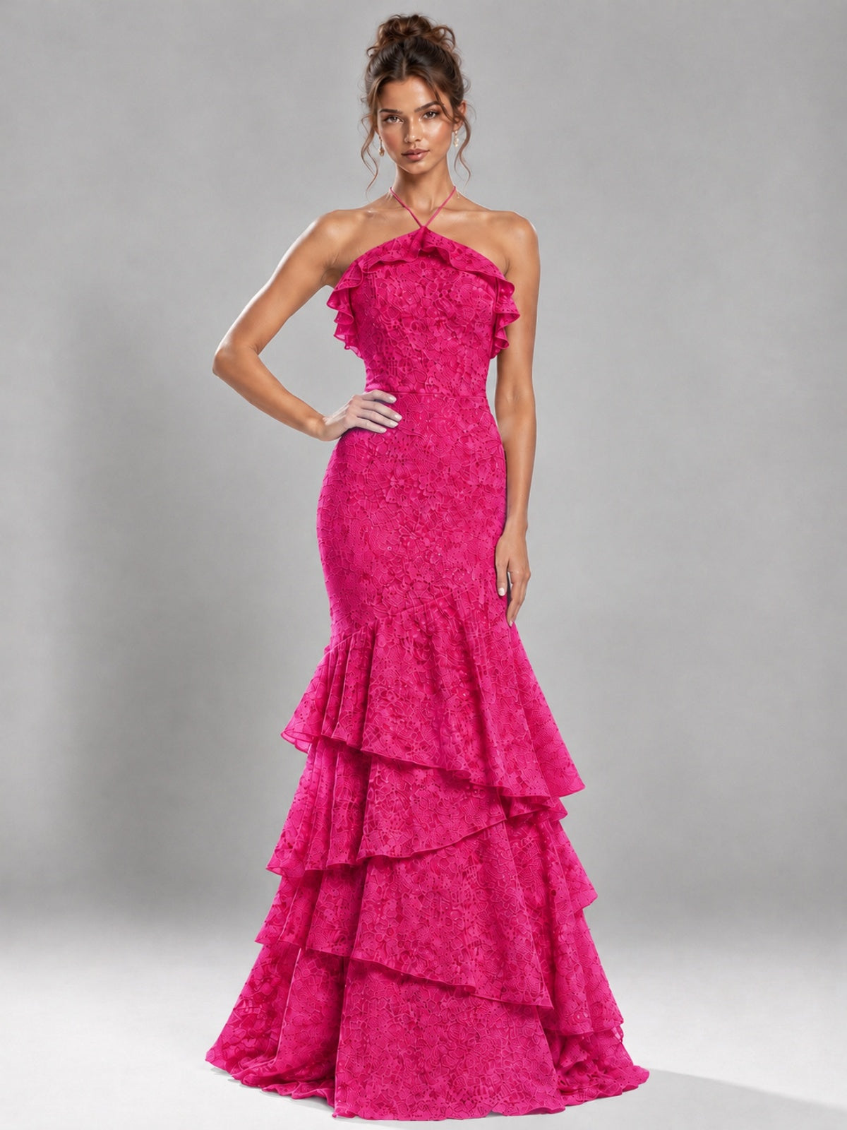 Halter Tiered Mermaid Prom Dress with Sparkly Lace