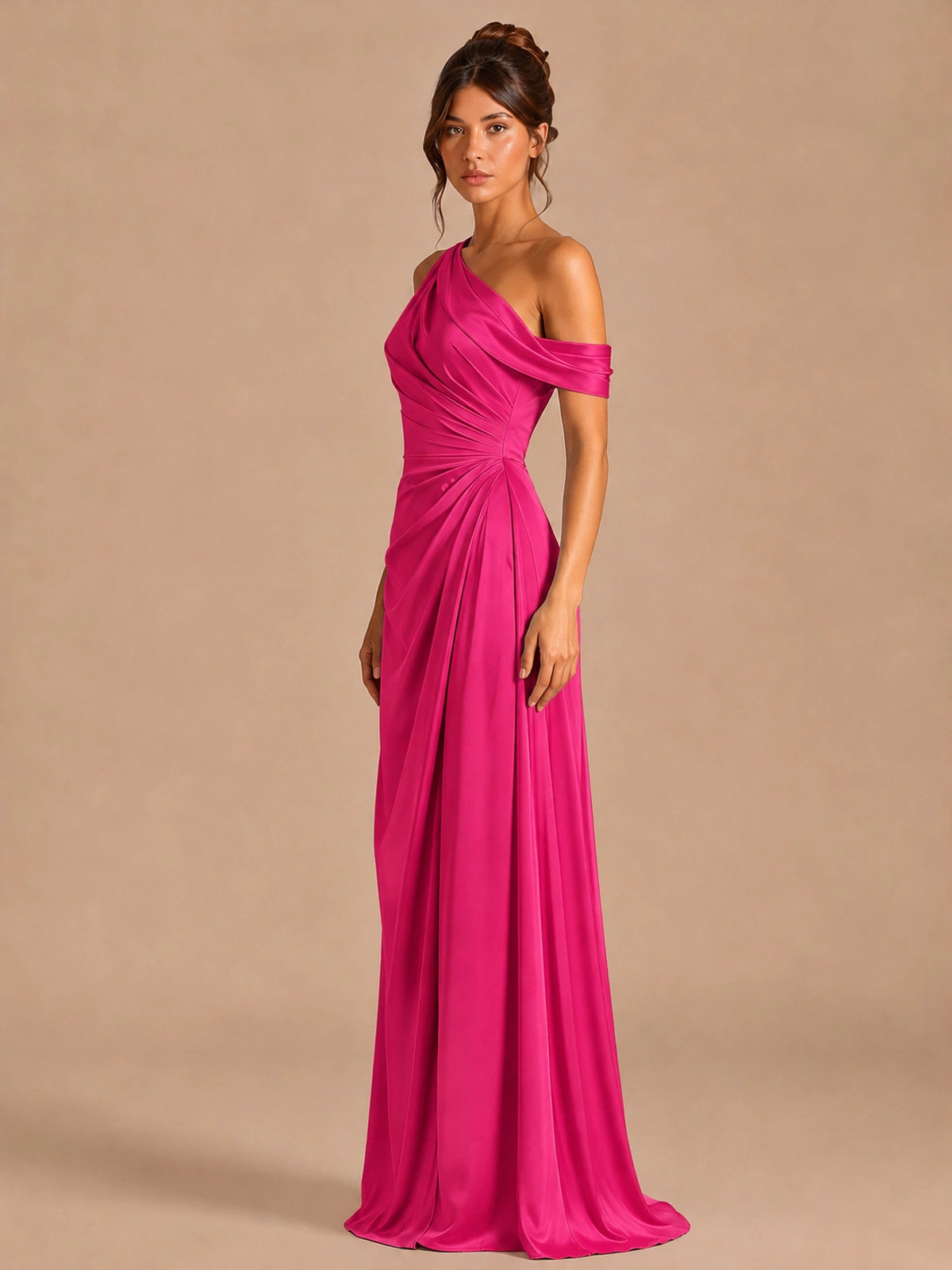 Satin One Shoulder Prom Dress Ruched Long Formal Evening Gown