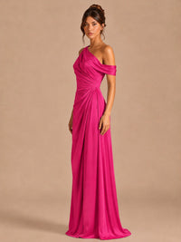 Satin One Shoulder Prom Dress Ruched Long Formal Evening Gown