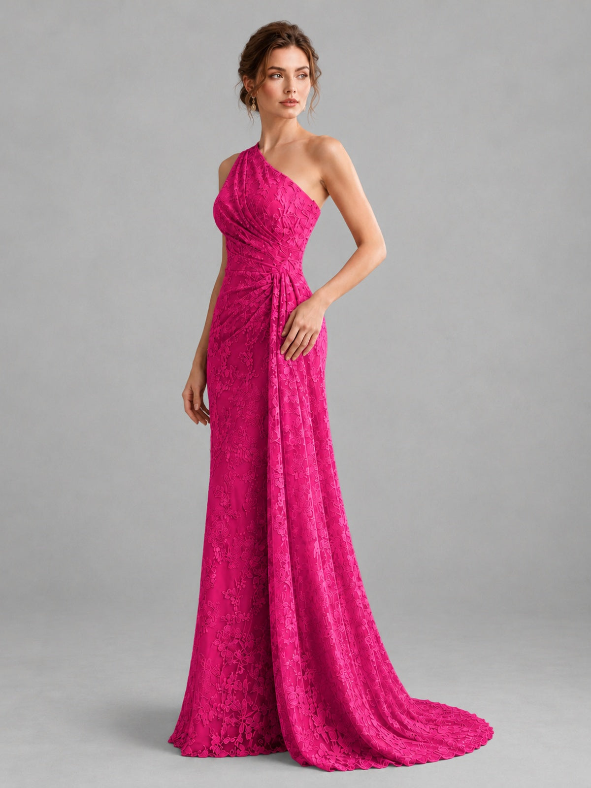 One-Shoulder Ruched Floral Lace Floor-Length Prom Dress