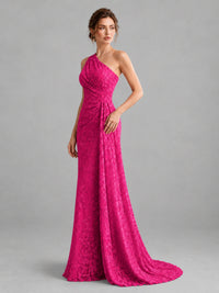 One-Shoulder Ruched Floral Lace Floor-Length Prom Dress