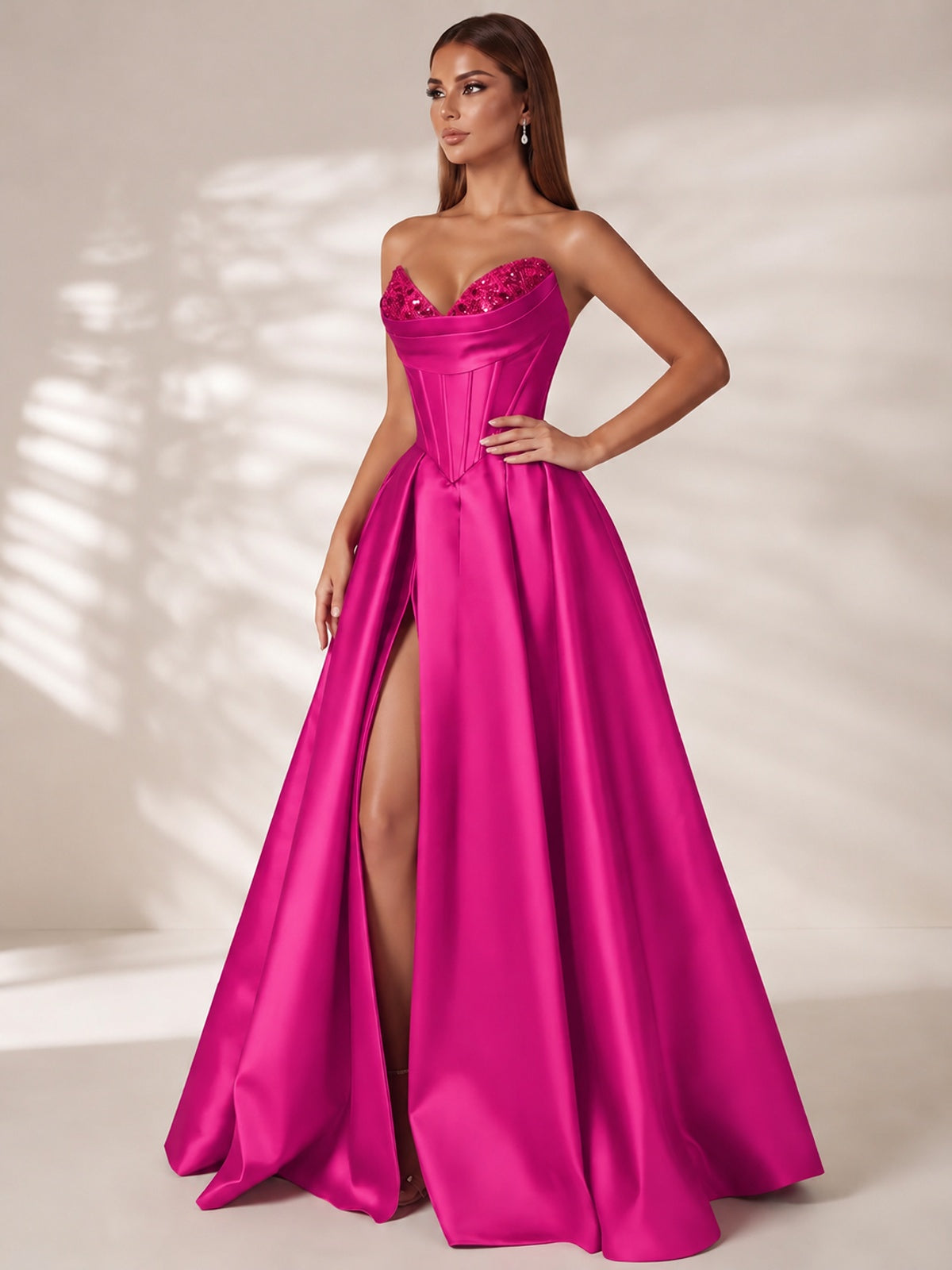 Strapless Corset Satin Prom Dress Long Evening Gown with High Slit