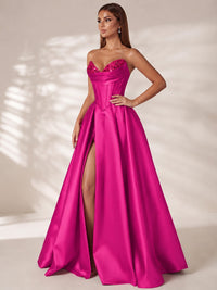 Strapless Corset Satin Prom Dress Long Evening Gown with High Slit