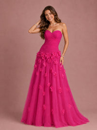 Blush Pink Strapless Sweetheart 3D Floral Tulle Ball Gown Prom Dres