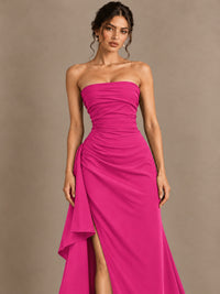 Black and White Strapless Ruched Prom Dress with High Slit & Side Drape