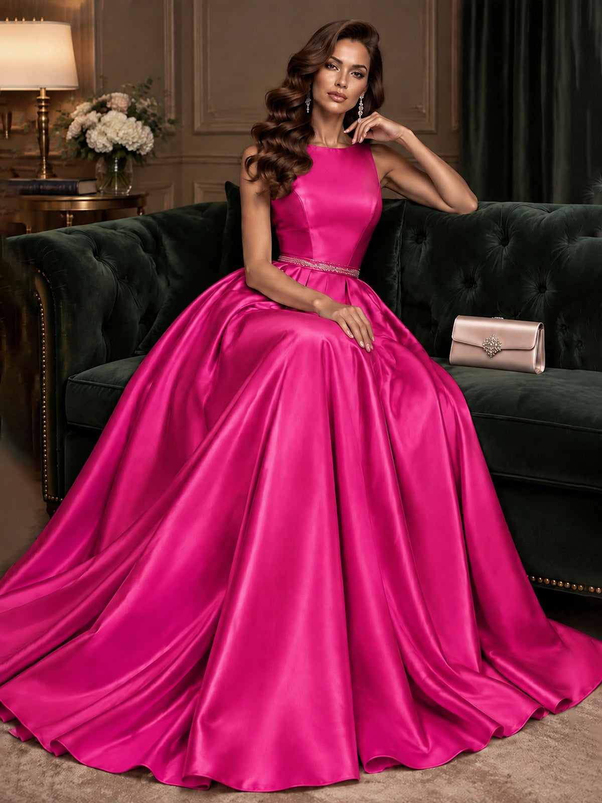 Satin A-Line Prom Dress Sleeveless Beaded Waist Formal Gown with Pockets