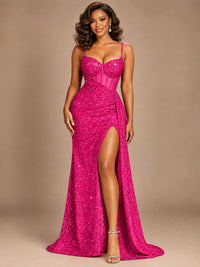 Burgundy Sequin Corset Prom Dress with High Slit