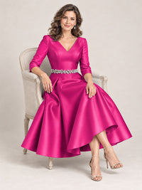 V-Neck Tea-Length Mother of the Bride Dress with Embellished Waist