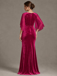 Navy Blue Velvet V Neck Mermaid Formal Dress with Flutter Cape Sleeves
