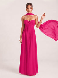 Strapless Ruched Chiffon Long Prom Dress with Scarf