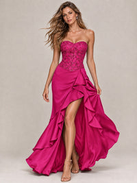 Strapless Lace Appliques Corset Satin Prom Dress Ruffle Slit Evening Gown