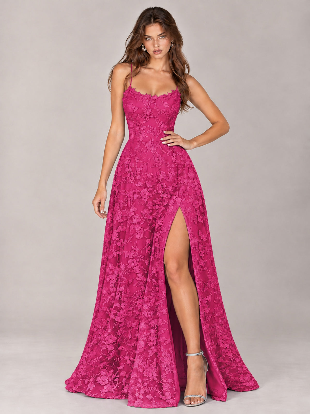 Floral Lace A-Line Prom Dress with Spaghetti Straps & High Slit
