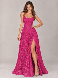 Floral Lace A-Line Prom Dress with Spaghetti Straps & High Slit