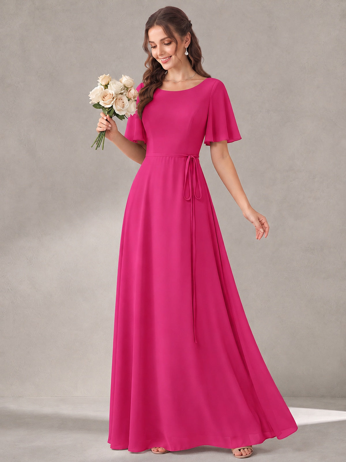 Scoop Neck A-line Chiffon Bridesmaid Dress with Flutter Sleeve & Belt
