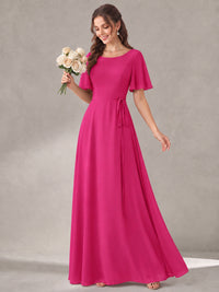 Scoop Neck A-line Chiffon Bridesmaid Dress with Flutter Sleeve & Belt