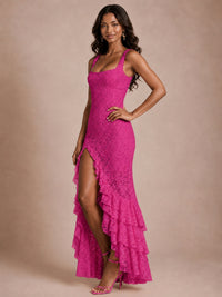 Square-Neck Lace Ruffle High-Low Maxi Dress