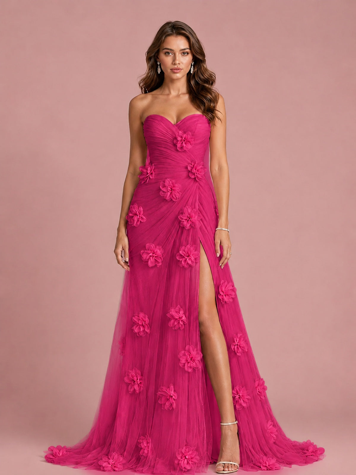3D Floral Applique Strapless Tulle Prom Dress with High Slit
