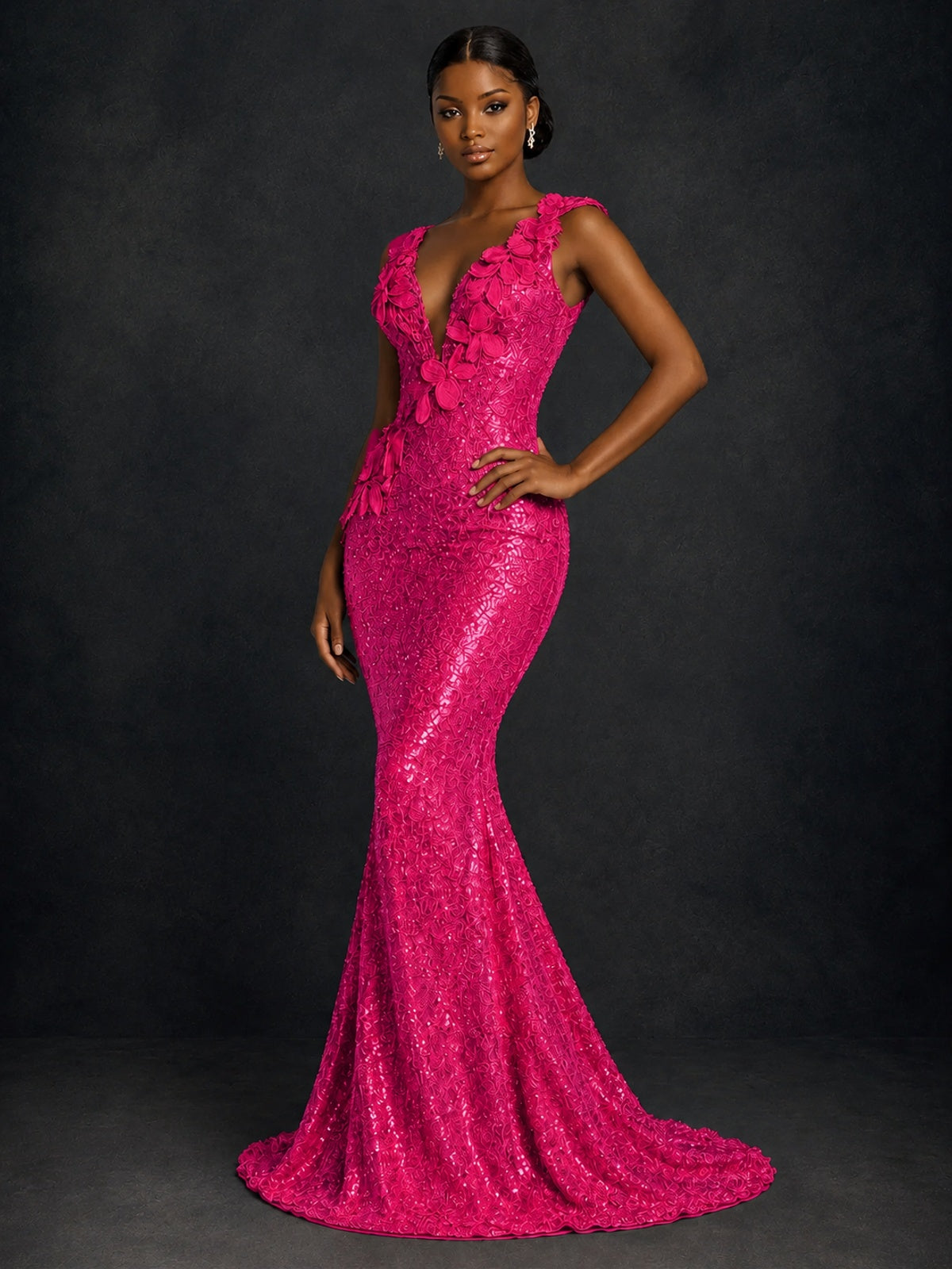 Gold Sequin Floral Applique Mermaid Prom Dress