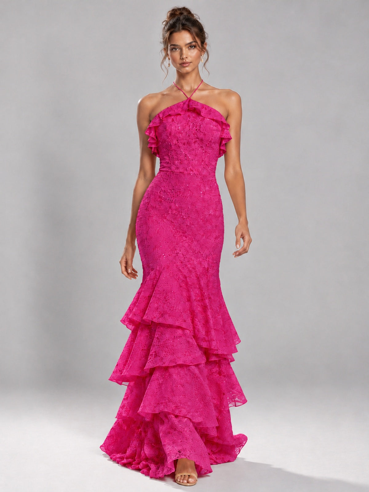 Halter Tiered Mermaid Prom Dress with Sparkly Lace