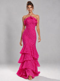Halter Tiered Mermaid Prom Dress with Sparkly Lace