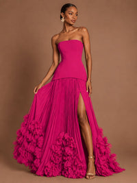 Strapless Pleated Floral Satin Formal Dress with Side Slit
