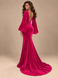 Burgundy Velvet Deep V-Neck Ruched Long Sleeve Maxi Dress