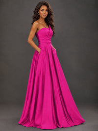 Draped Satin Prom Dress Strapless A-line Formal Dress Floor Length