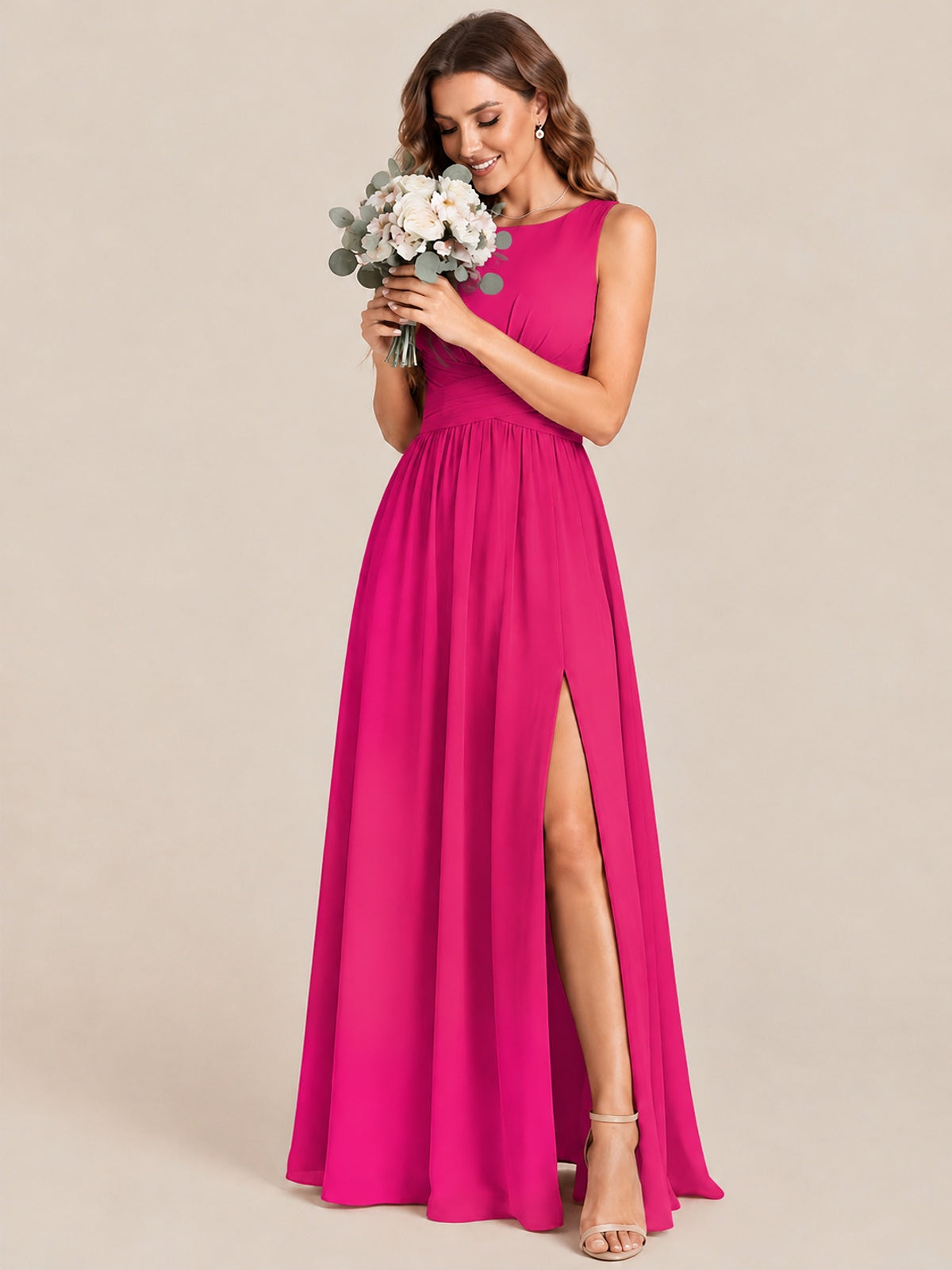 A-line Sleeveless Rucehd Chiffon Bridesmaid Dress with High Slit