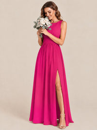 A-line Sleeveless Rucehd Chiffon Bridesmaid Dress with High Slit