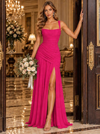 Wrap Pleated Prom Dress Scoop Neck with Slit Women Wedding Formal Dress