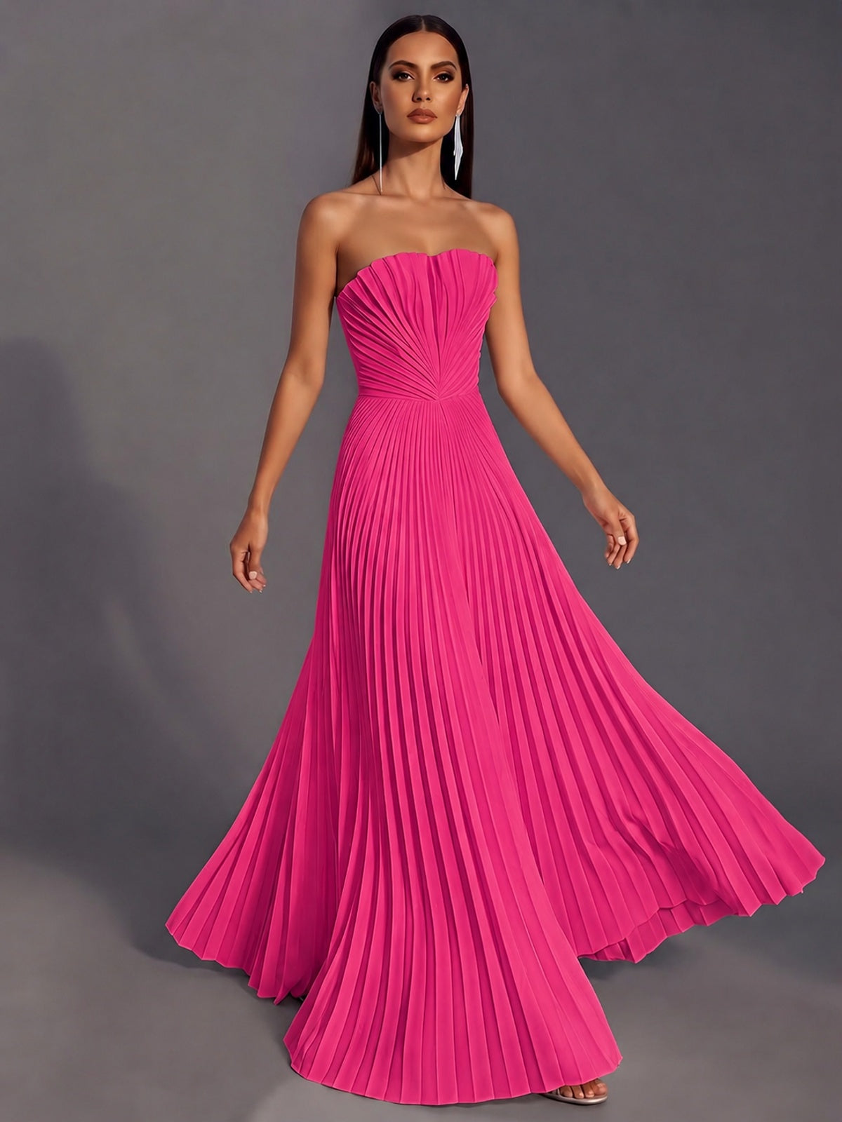 Strapless A-line Long Pleated Satin Prom Dress